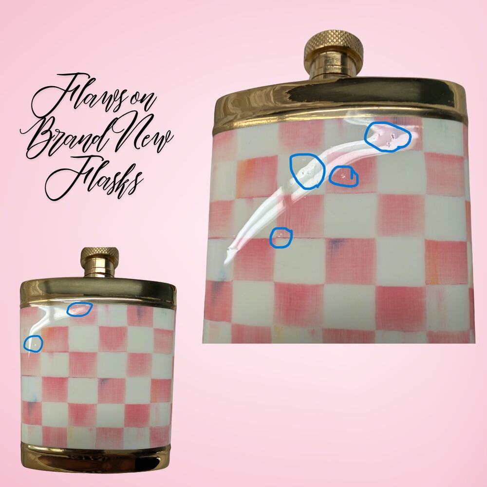MACKENZIE-CHILDS Rosy Check 3260 Pocket Flask w/ Funnel in Box 6 oz New w Flaws - Picture 2 of 6